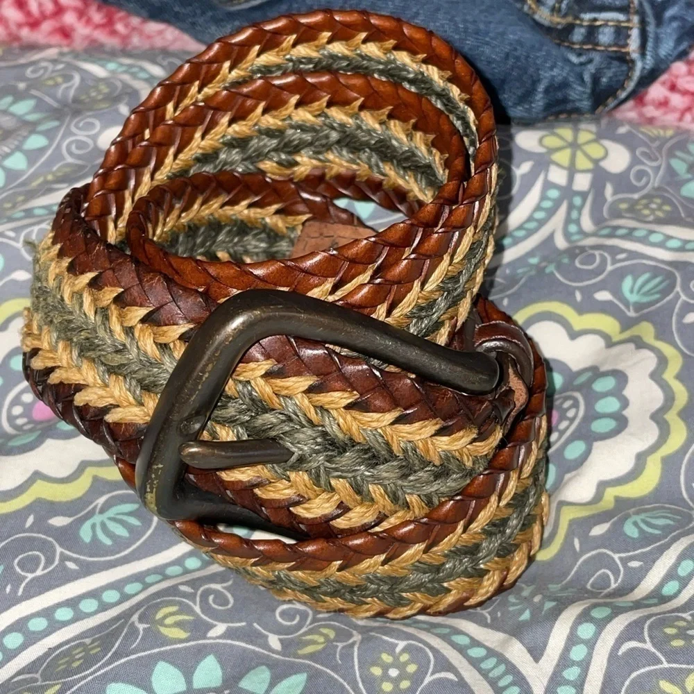 Orvis Sz 42 Woven Leather Tapered-Edge Belt Brown Antiqued Buckle 4AO4 USA‌‌‌‌‌‌